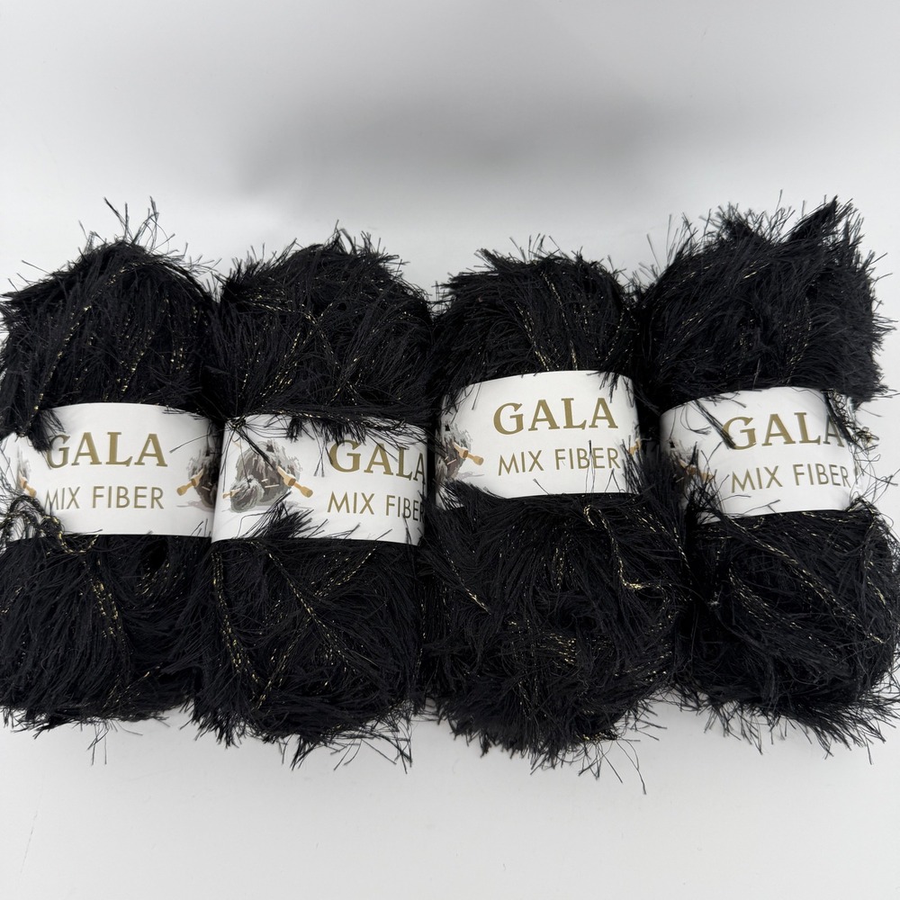 Gala Mix Fiber Eyelash Yarn Black Gold Metallic Shimmer 4 Skeins Lot